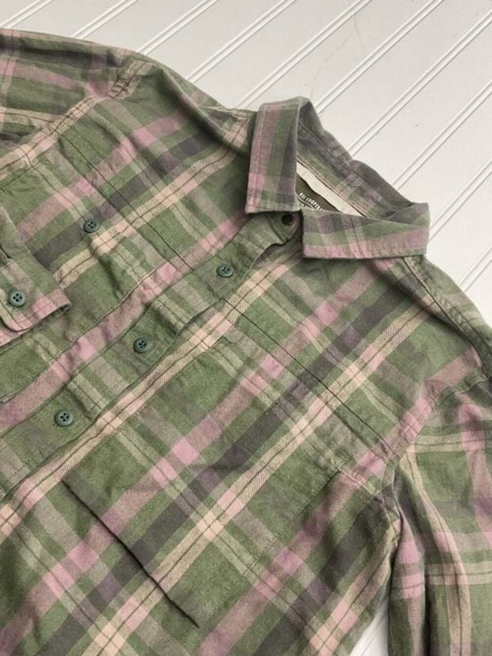 REI Co-op Wallace Lake Flannel Shirt Green Pink Plaid Organic Cotton Women's L